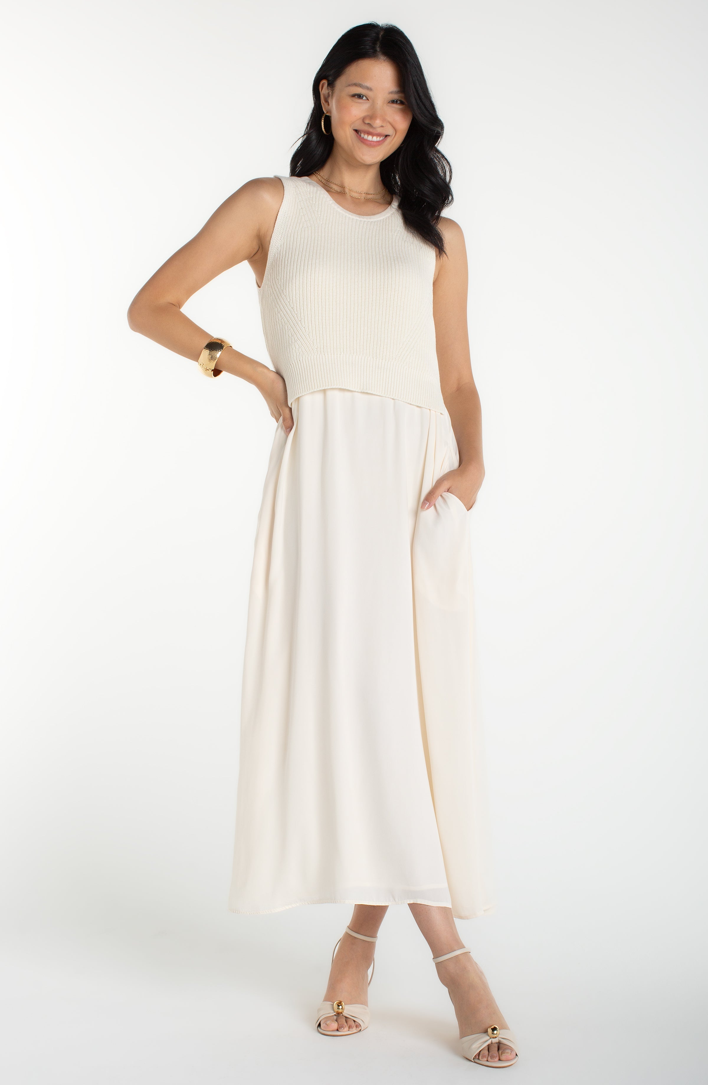 Liverpool Sleeveless Crew Neck Tie Back Sweater Woven Dress in Cream