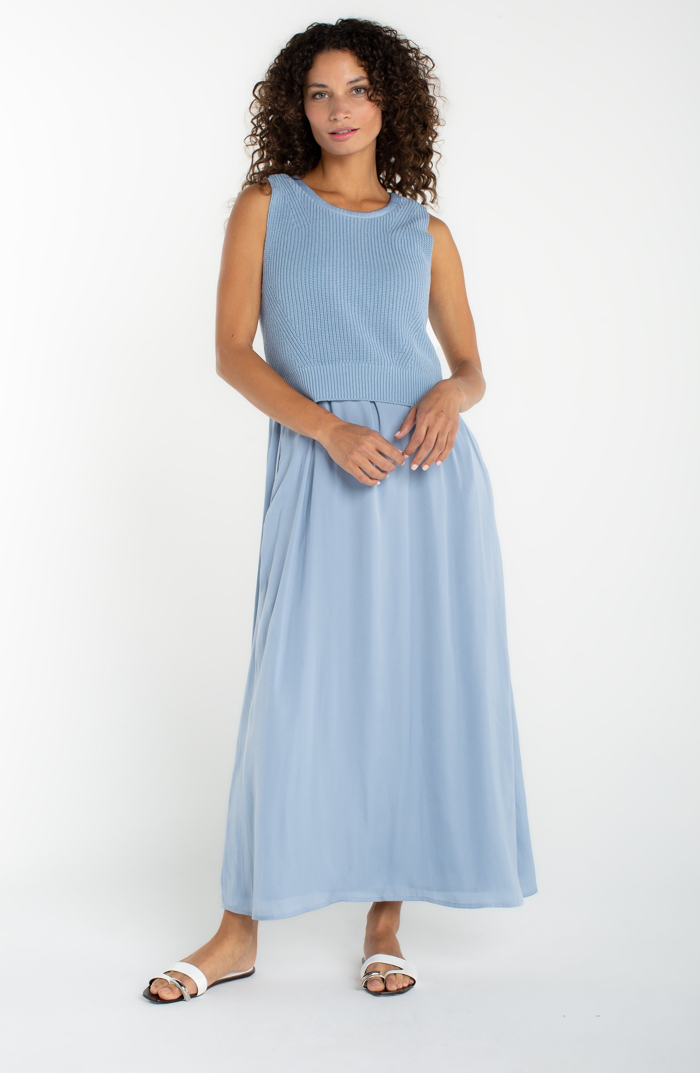 Liverpool Sleeveless Crew Neck Tie Back Sweater Woven Dress in Malibu Blue