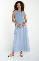 Liverpool Sleeveless Crew Neck Tie Back Sweater Woven Dress in Malibu Blue