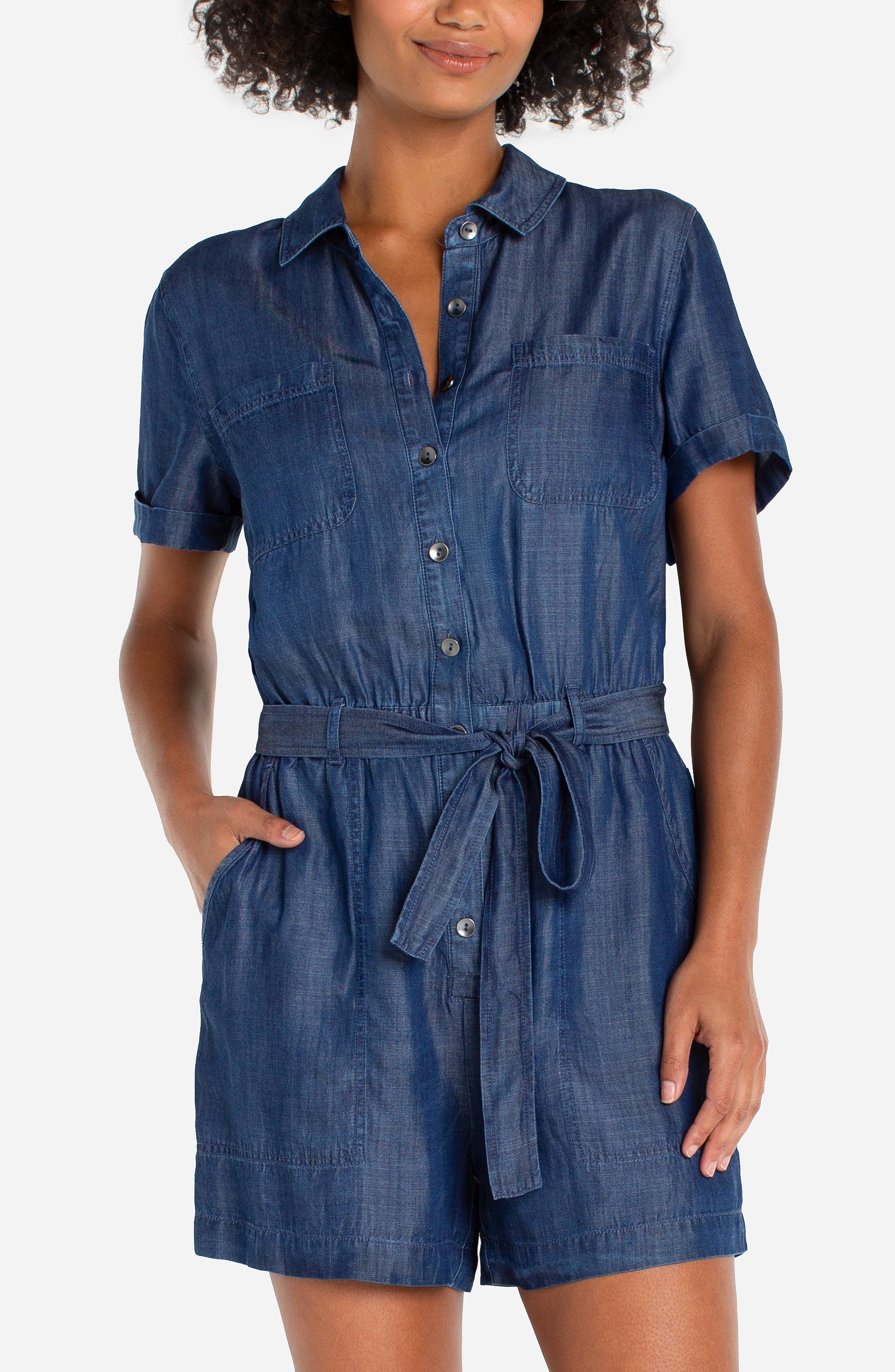 Liverpool Short Sleeve Romper with Self Tie in Serene Dark