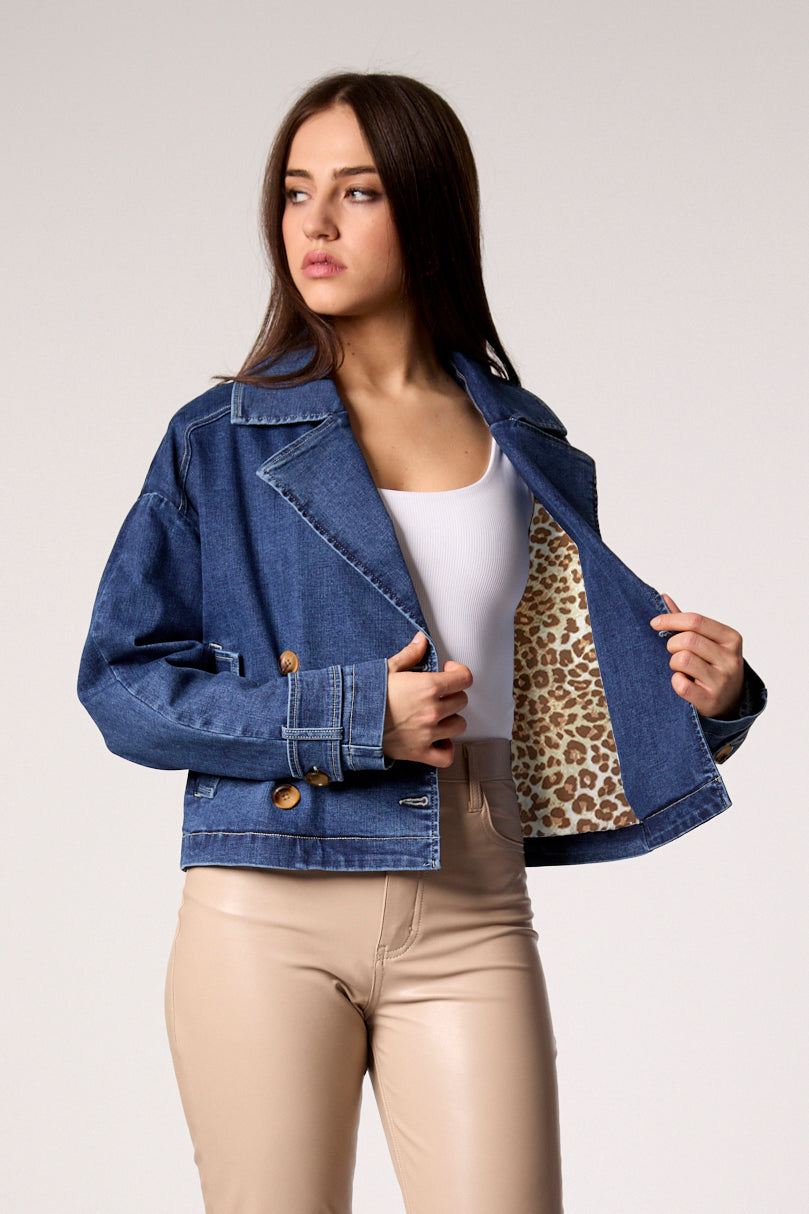 Blue denim trench jacket with leopard print lining