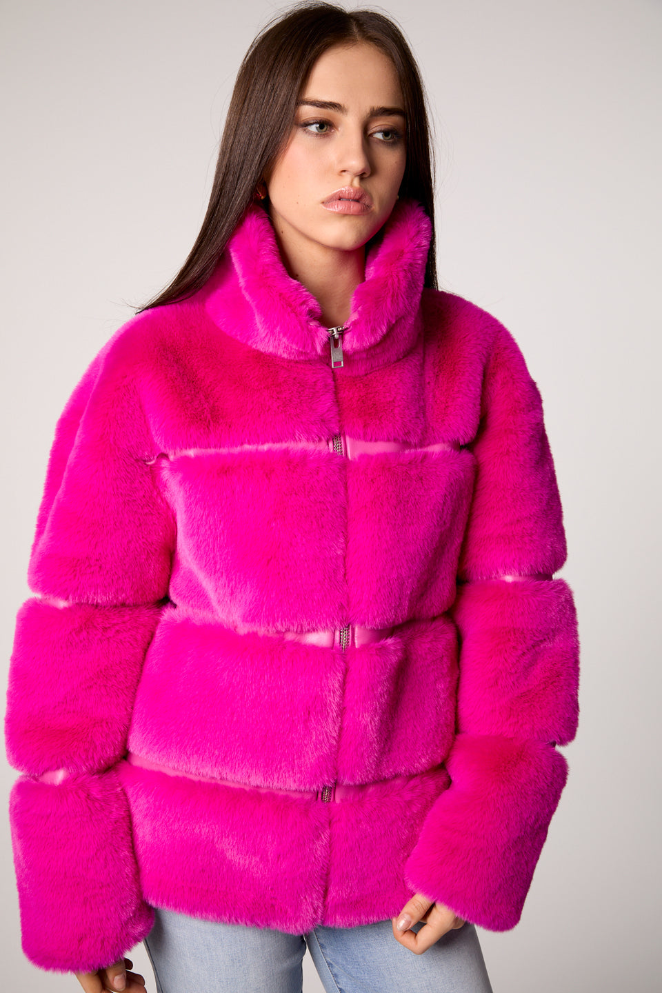 Blue Revival hot pink mob wife jacket, faux fur, silver zipper