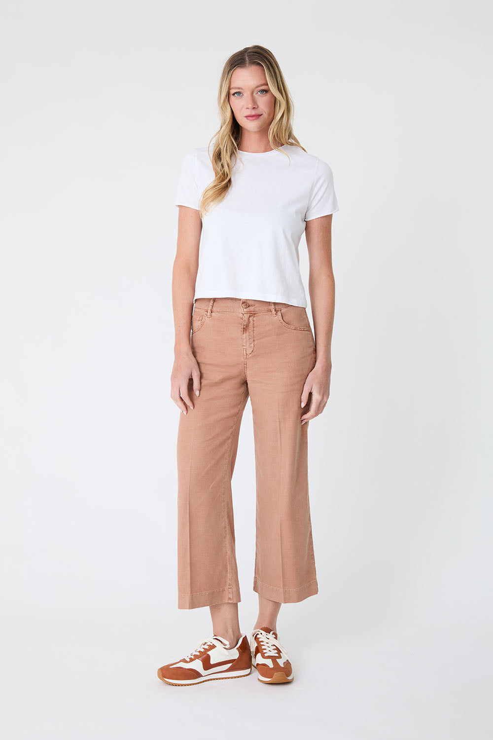 Level99 tan mocha mousse crop wide leg linen blend trousers