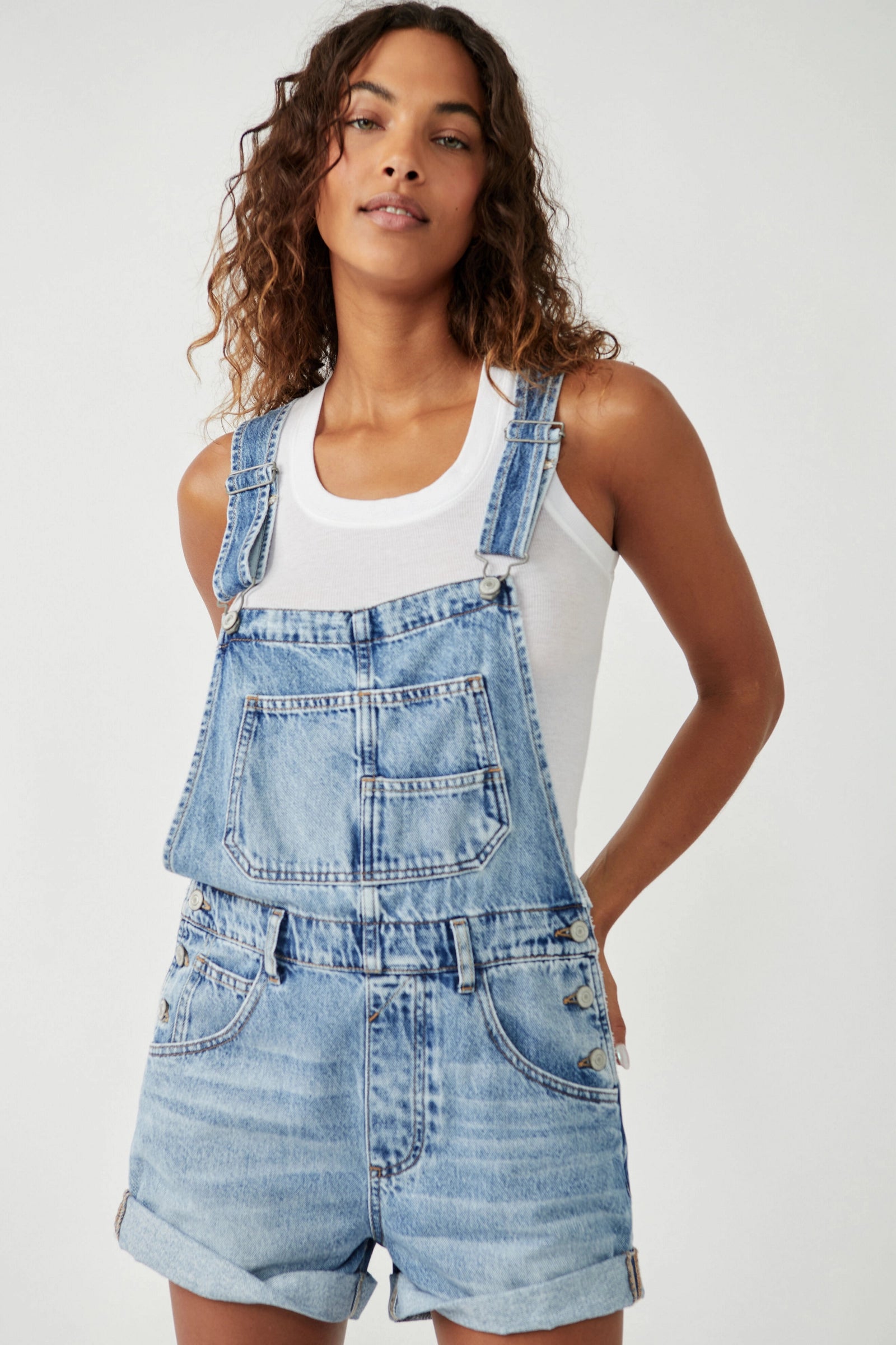 Free People light wash denim shortall, shorts romper