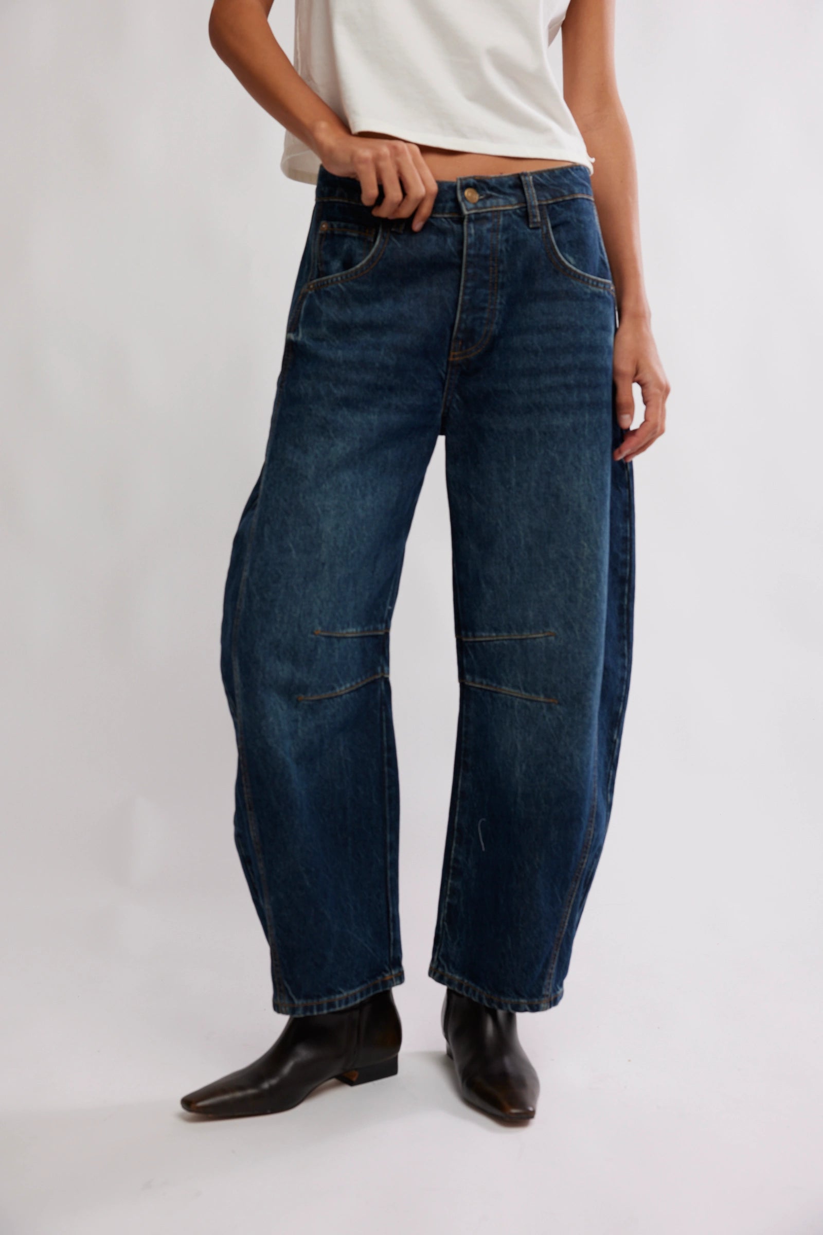 Dark Blue Denim Barrel Pants.