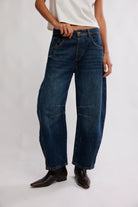 Dark Blue Denim Barrel Pants.