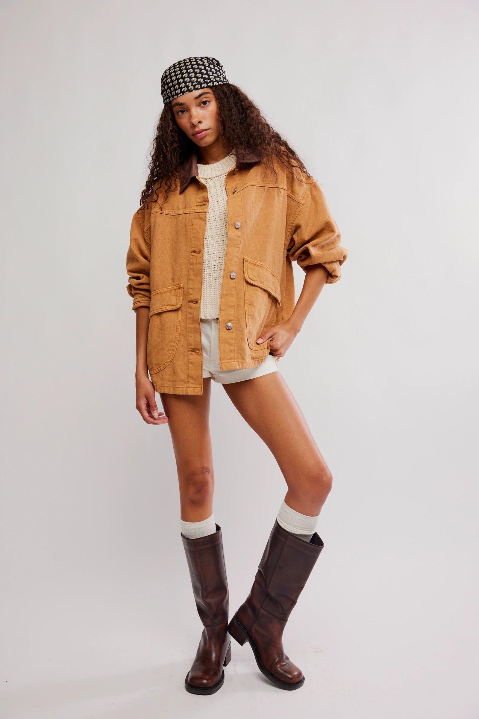 Tan Denim Jacket with Front Buttons and Pockets