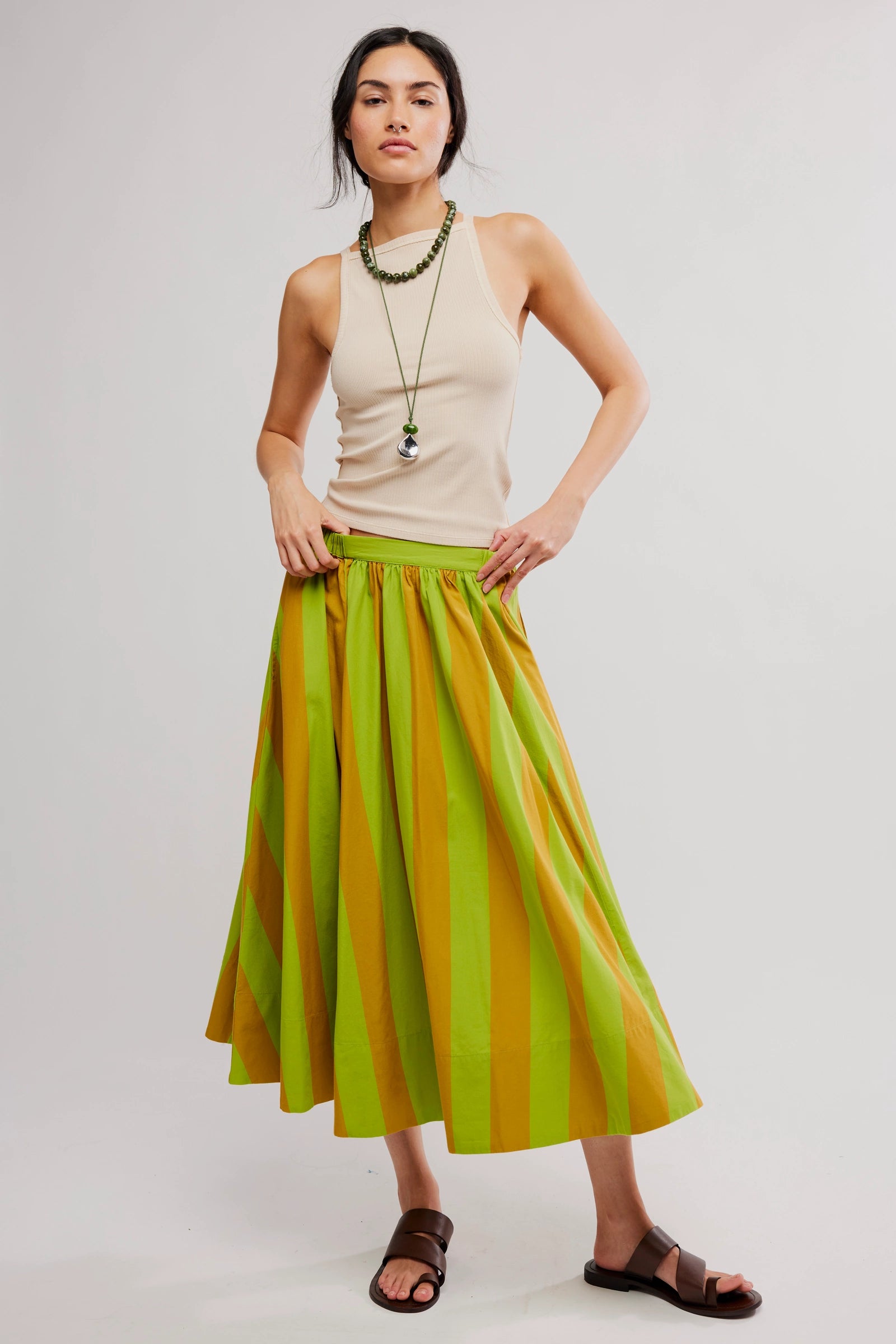 Retro Green and Tan Striped A-line Midi Skirt