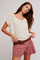 Short Sleeve Henley blouse with lace and button detail