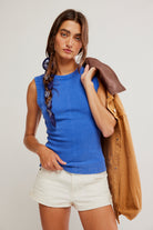 Free People women's cotton muscle tank top in vibrant blue violet color