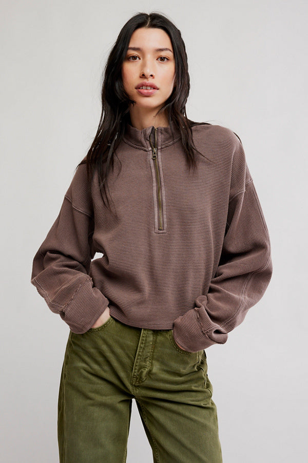 Free People Celeste QuarterZip Pullover in Mochachinno