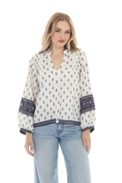 Blue and White Patterned Bohemian Style Blouse