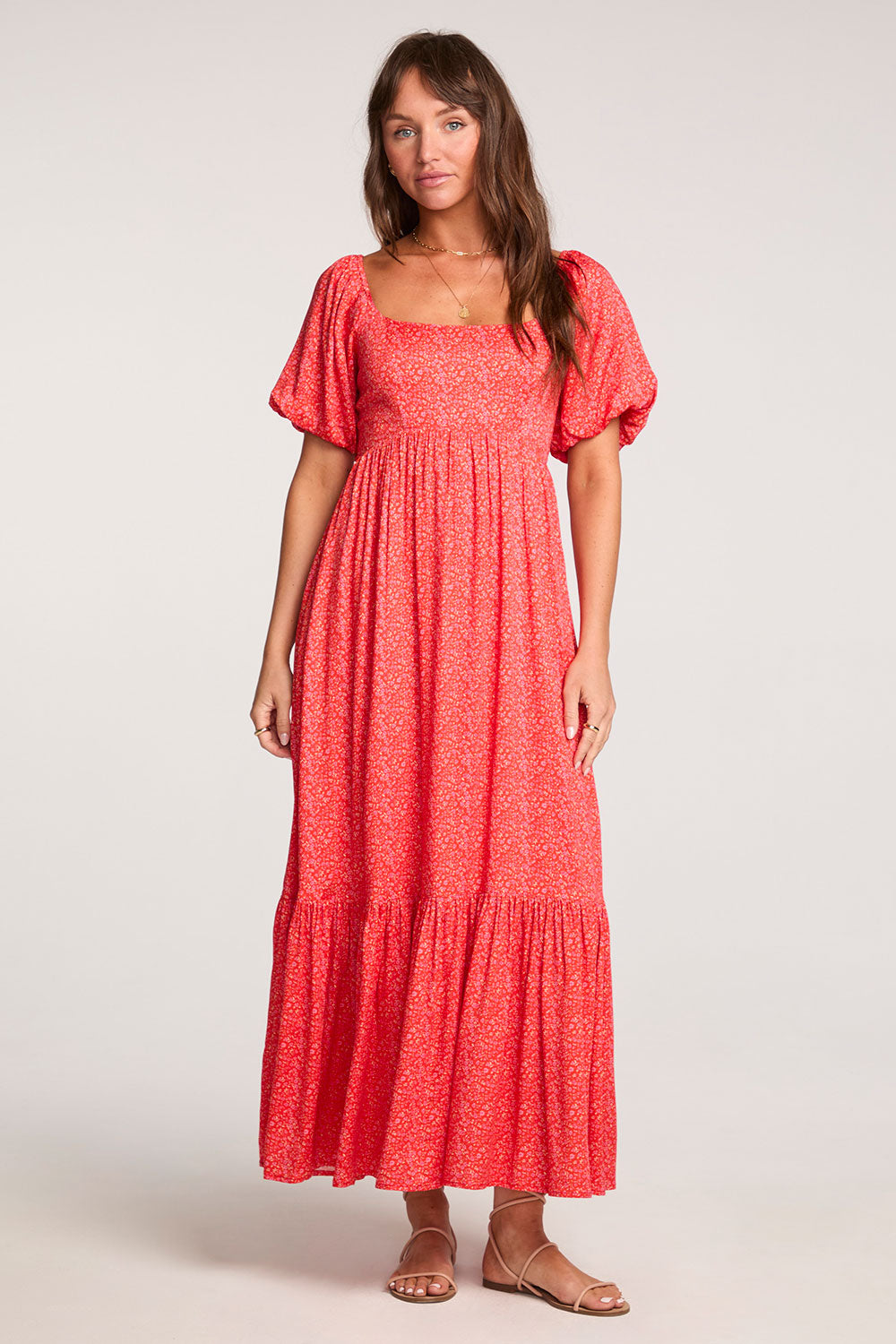 Puff Sleeve Red Midi Dress