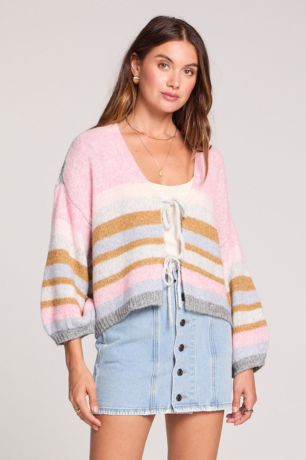 pink striped tie front cardigan