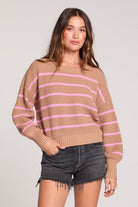 brown knit long sleeve sweater with pink stripes