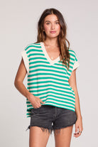 v-neck striped green and white sweater vest