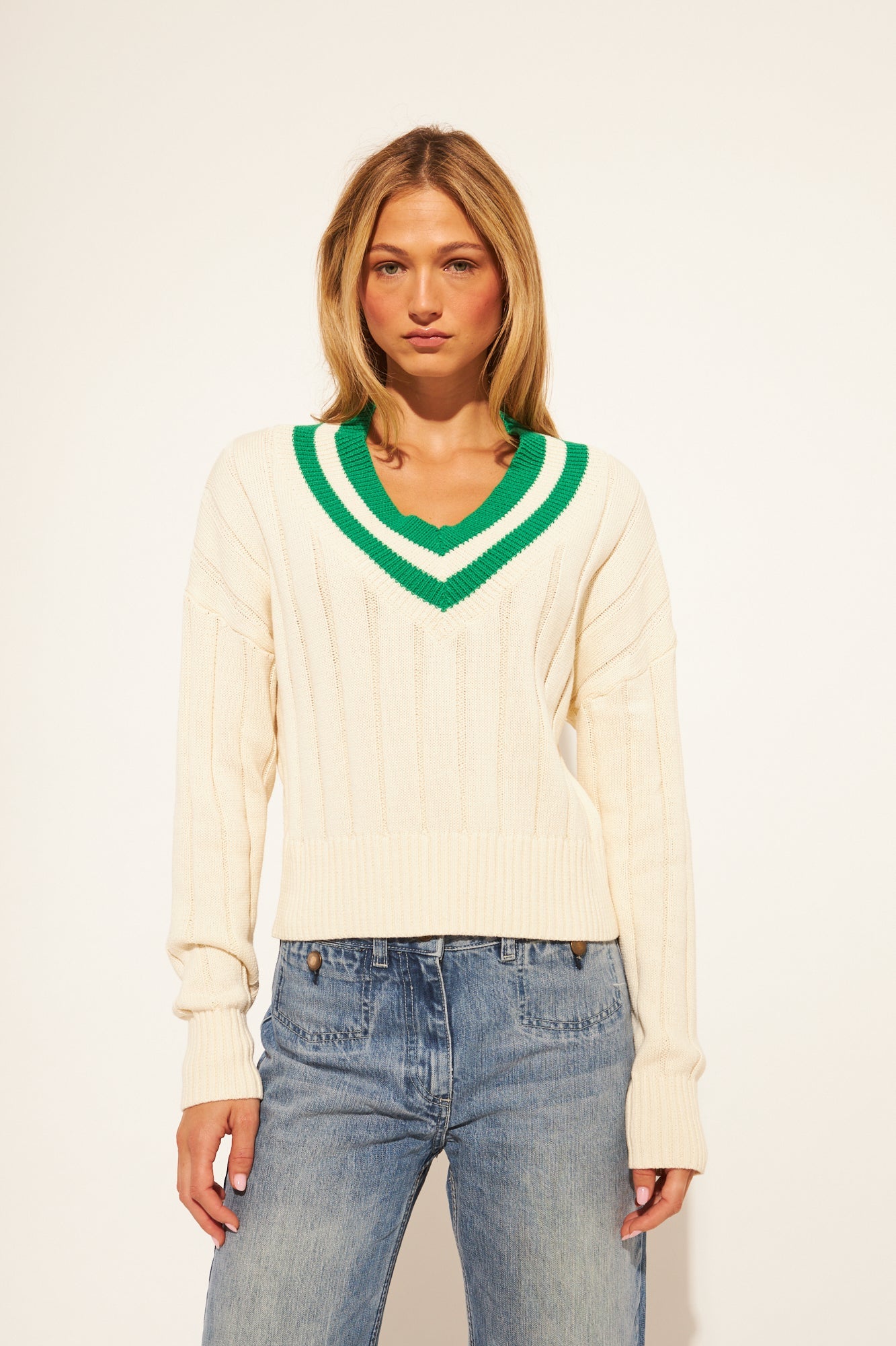 Long Sleeve Cable Sweater with Green-Trimmed V Neck