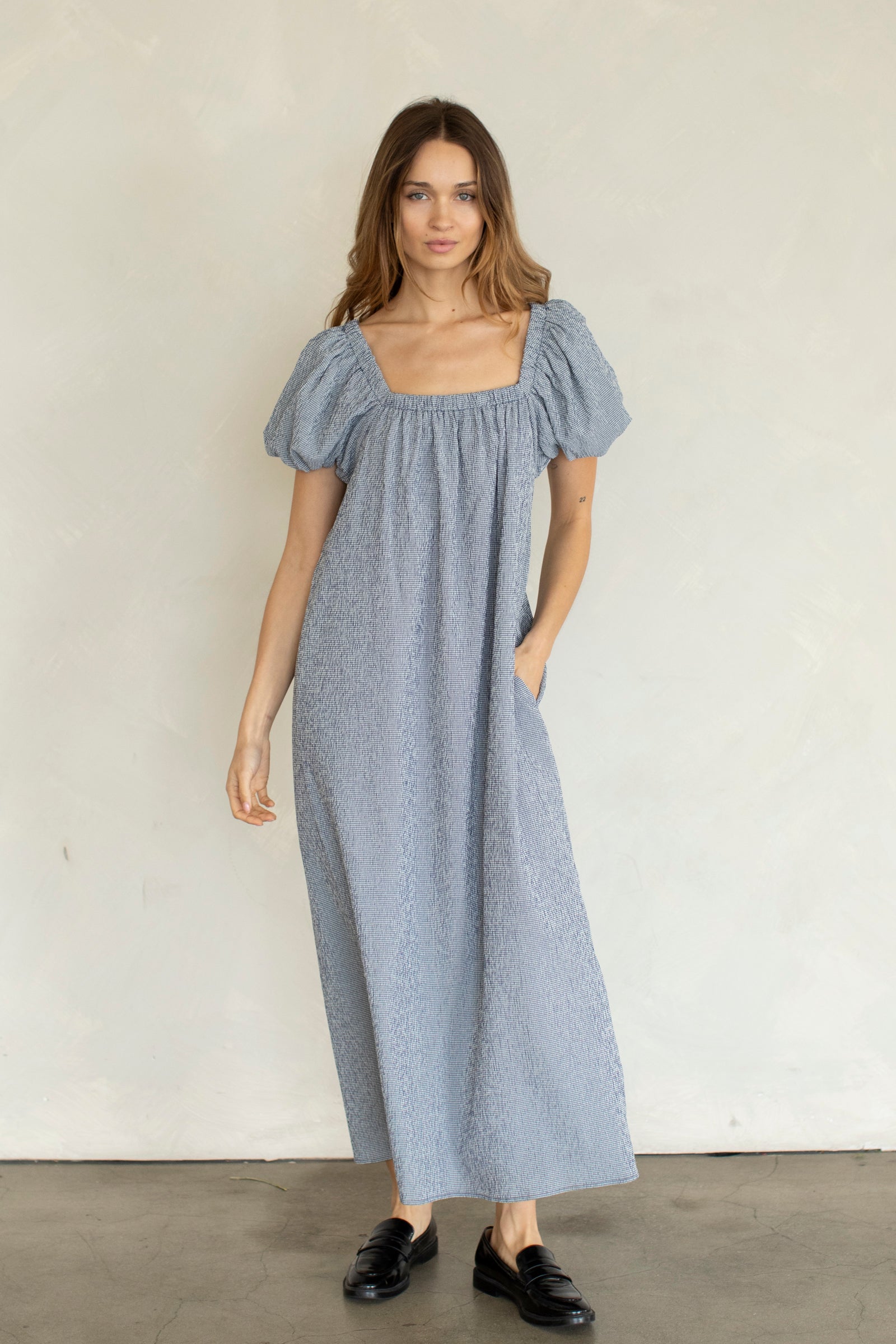 Linda Gingham Puff Sleeve Maxi Dress in Black