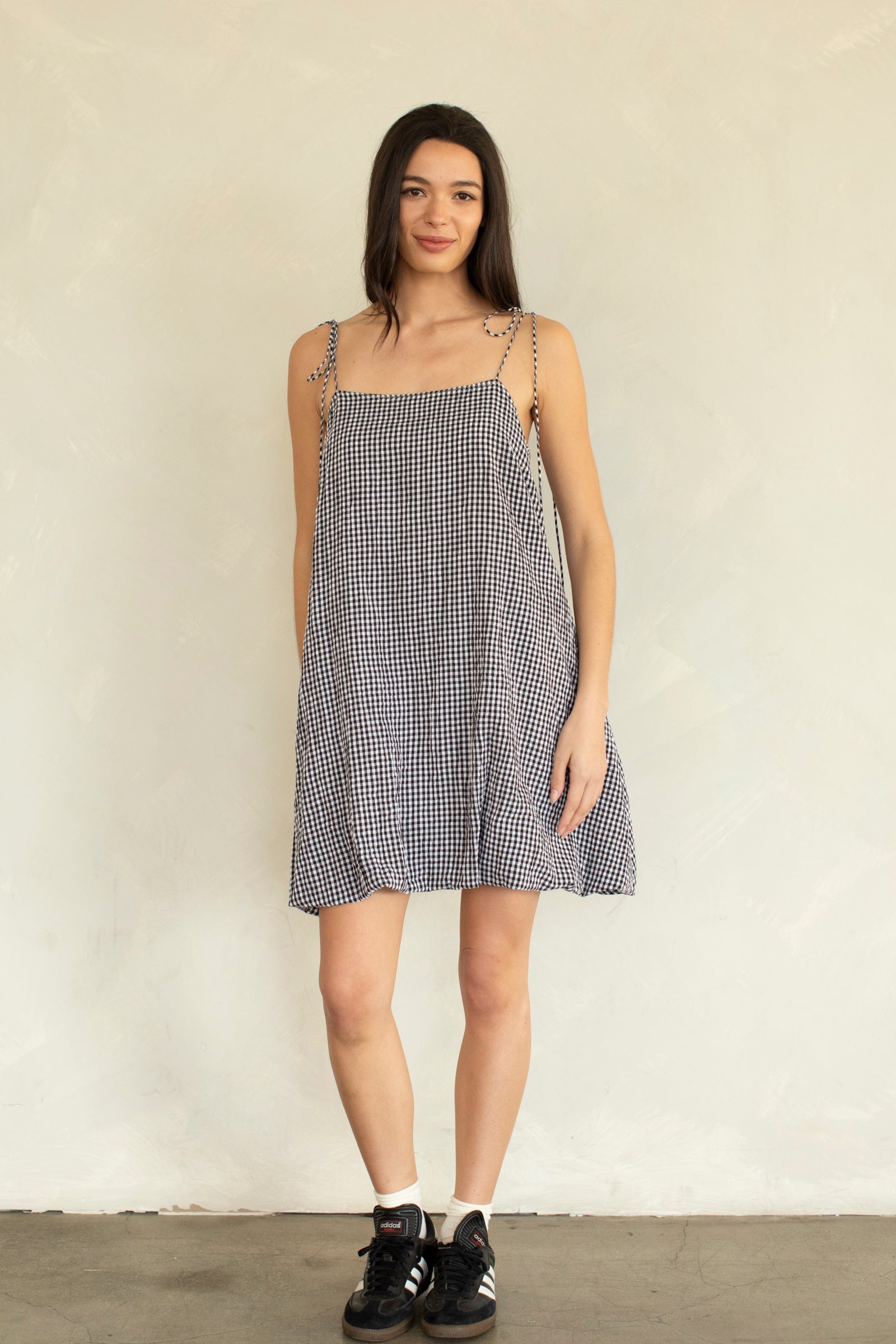 Tori Mini Bubble Hem Dress in Black Gingham
