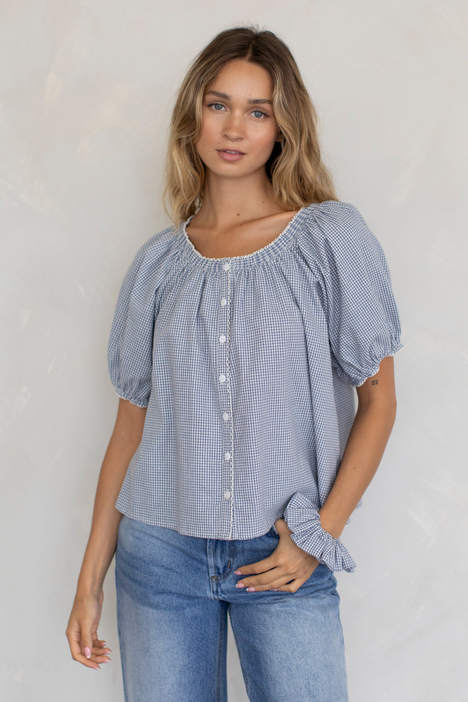 Joey Checker Puff Sleeve Blouse in Dusty Blue