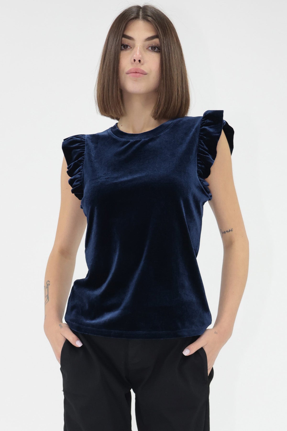 Another Love blue velvet top with ruffle cap sleeves