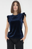 Another Love blue velvet top with ruffle cap sleeves