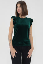 Another Love dark green velvet ruffle trimmed top