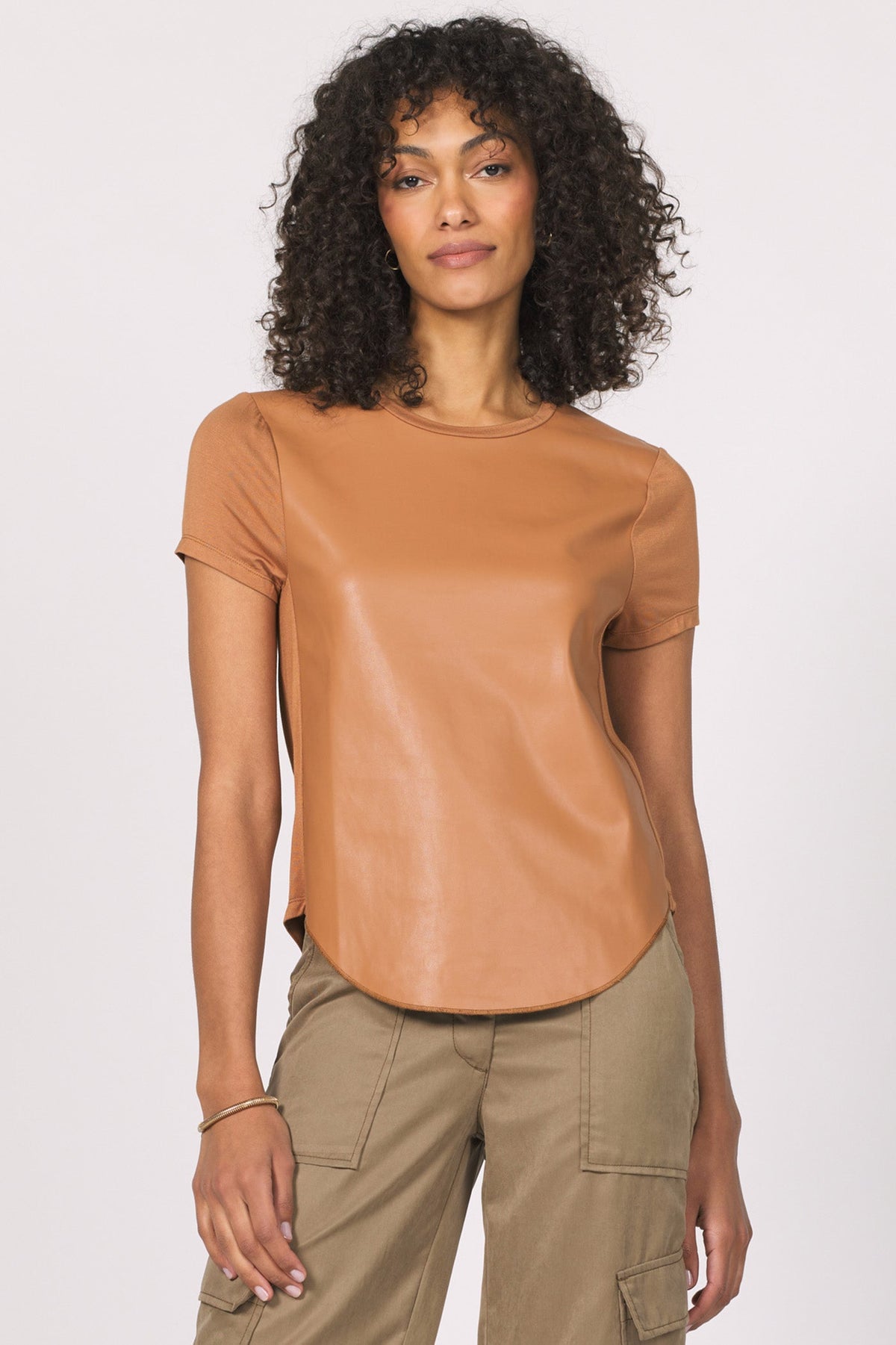 Brown vegan leather short sleeve top