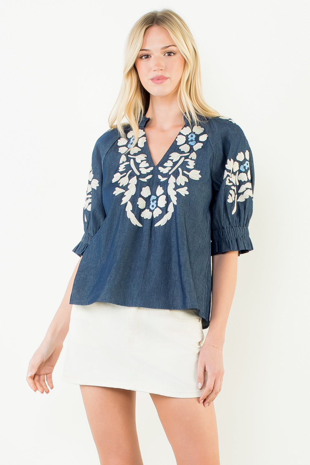 Dark Blue Blouse with Off-White Floral Embroidery