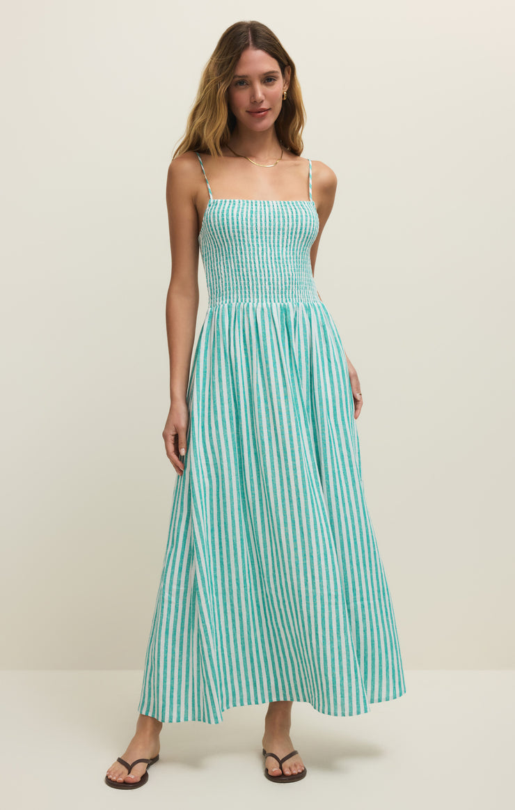 Z SUPPLY green and white striped midi dress spaghetti straps smocked bodice