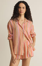 Z SUPPLY orange and pink striped long sleeve button up shirt 