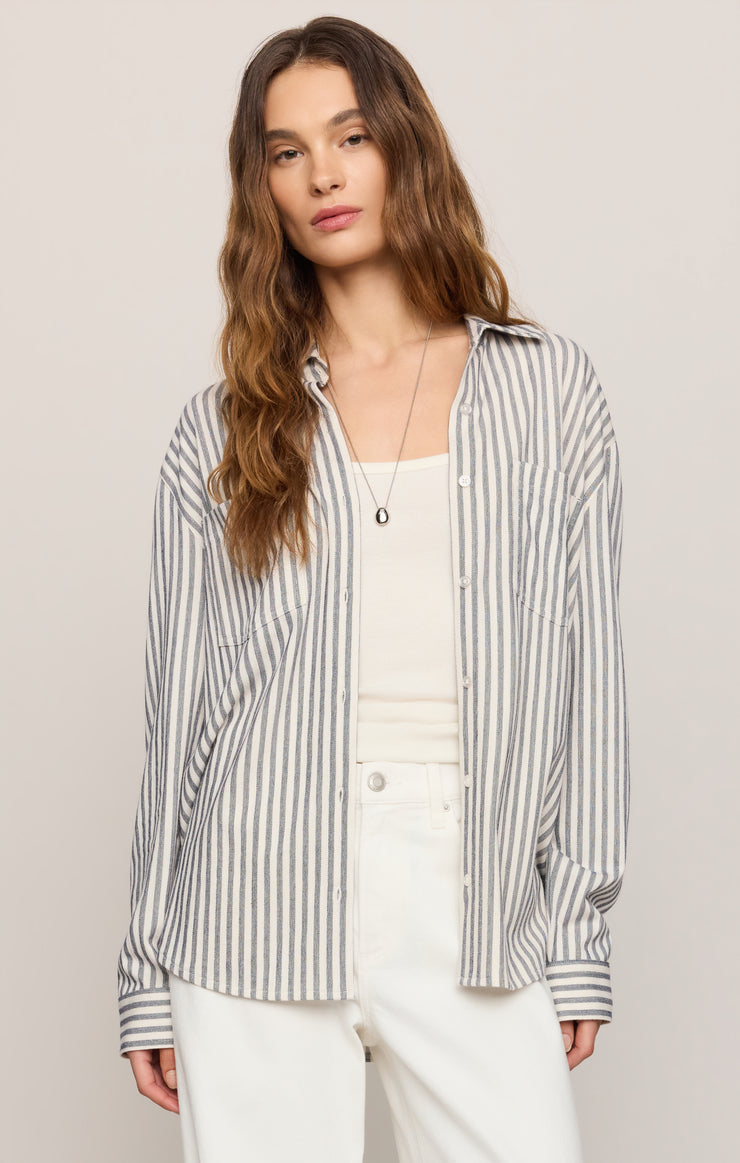 Z SUPPLY white and navy striped button up long sleeve top