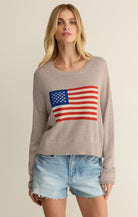 Z SUPPLY beige long sleeve sweater with American flag 
