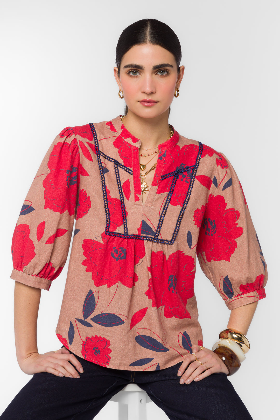 Velvet Heart floral blouse with red and blue flowers
