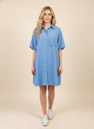 puff sleeve blue striped collared button up dress