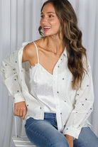White Long Sleeve Blouse with blue heart pattern