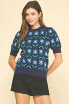 Navy Blue SS Sweater with Flower Pattern