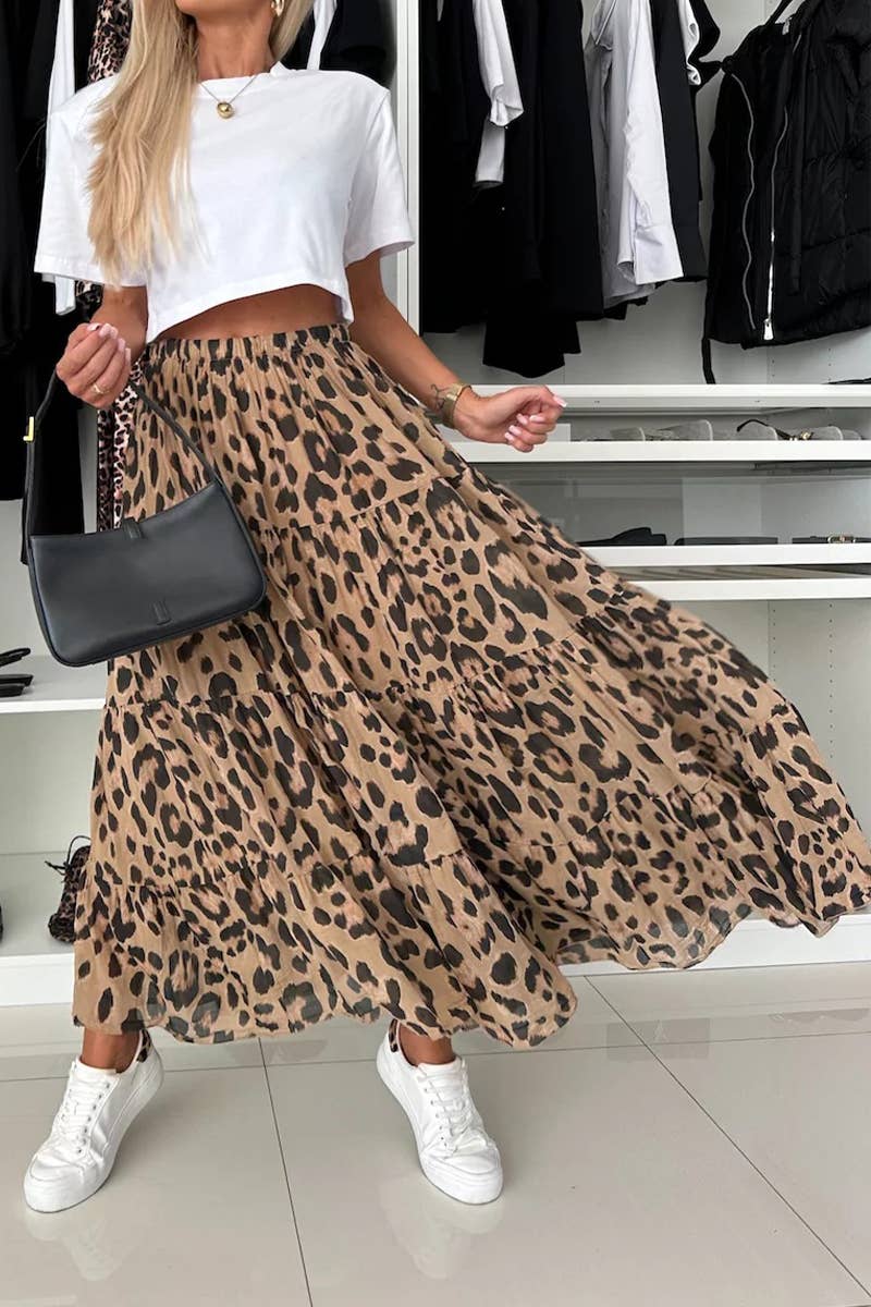 Long, tiered leopard print dress in tan