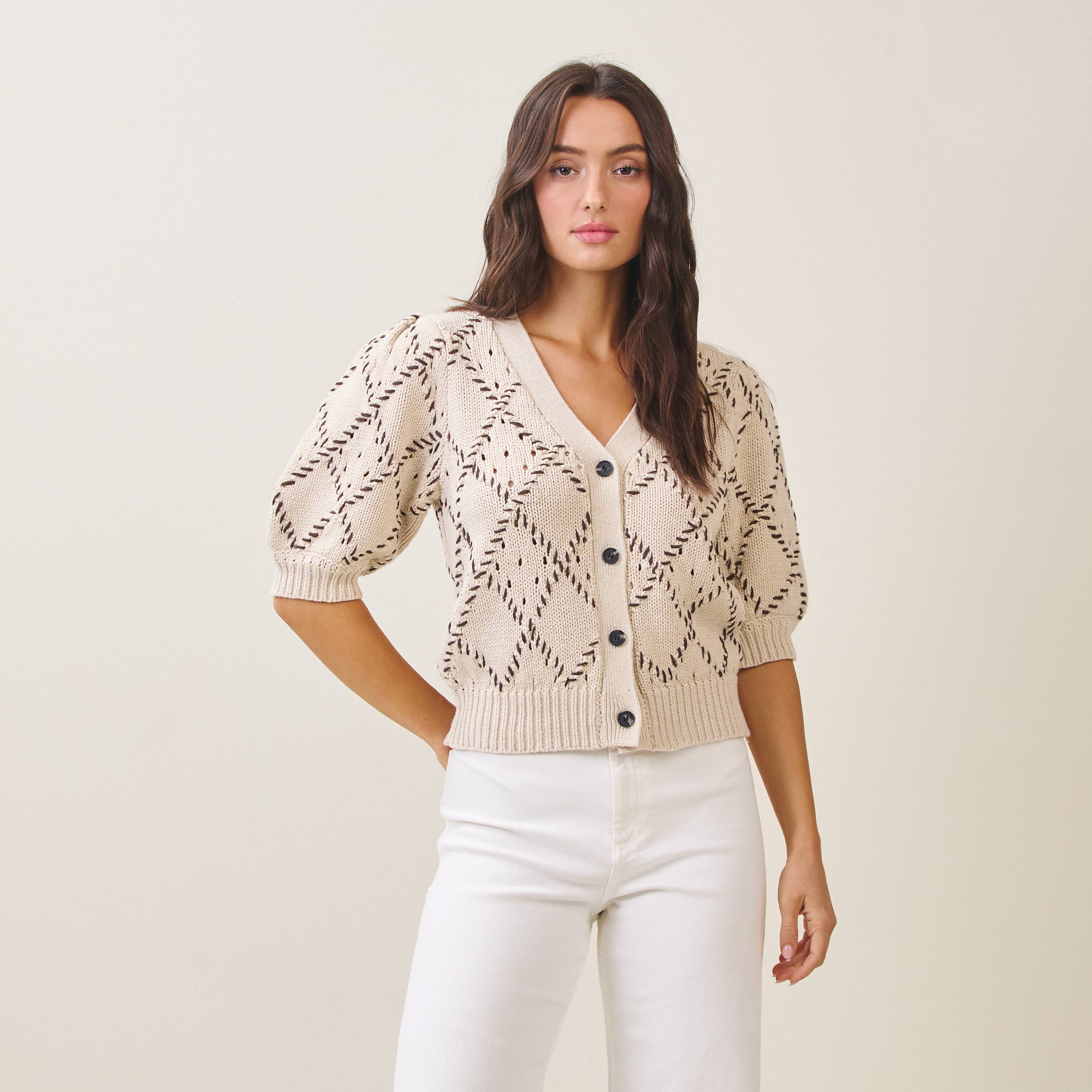 V-Neck Short Sleeve Beige Cardigan