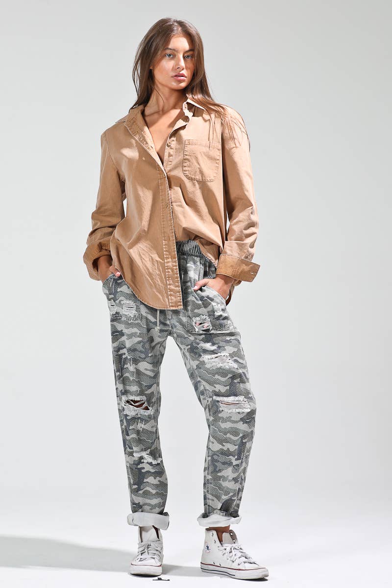 Beige Button Front Turn Down Collar Shirt