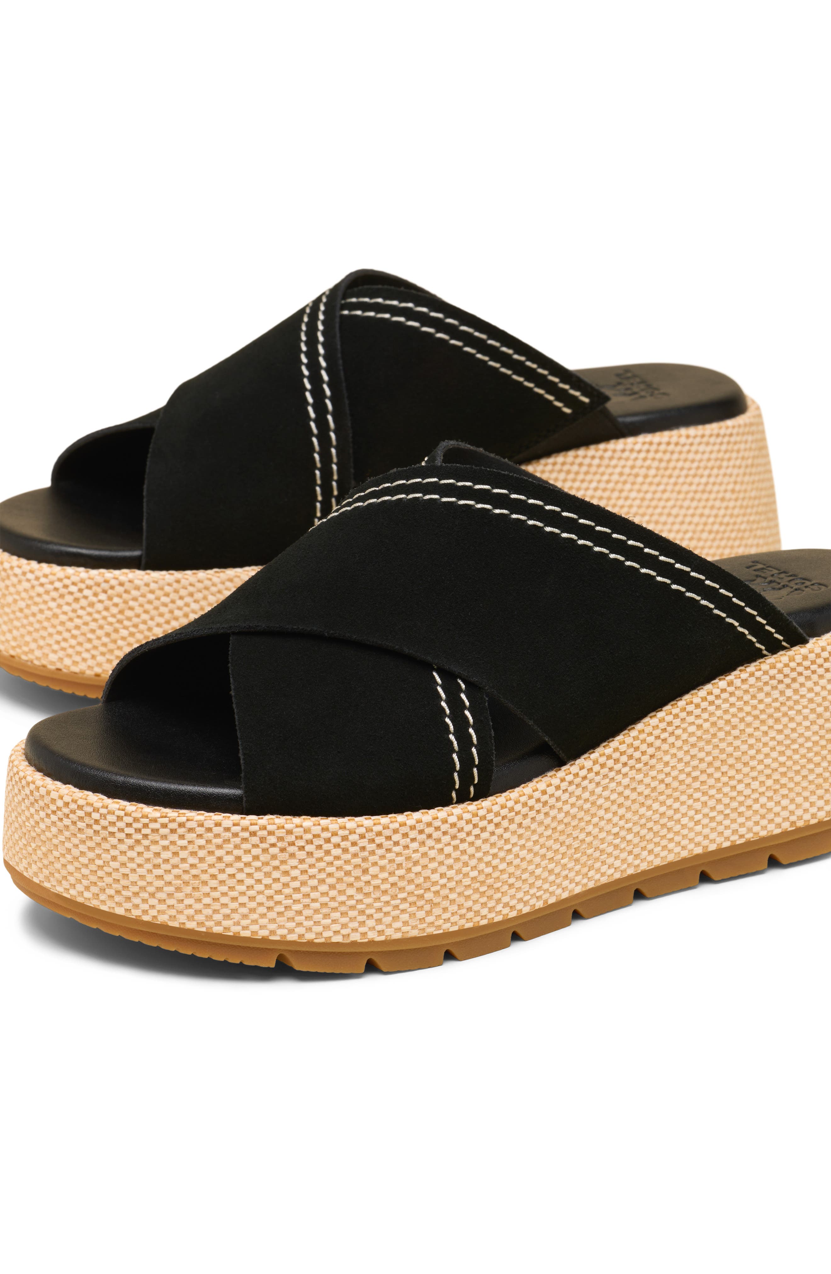 Sorel black platform crossover slide sandals