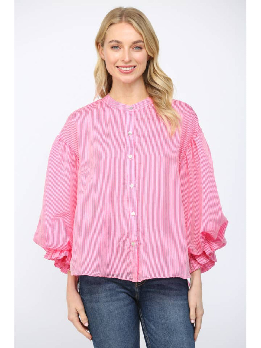 FATE by LFD Pinstripe Voluminous Bubble Sleeve Blouse in Pink