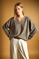 Miou Muse Long Sleeve Lac Contrasted Knit Top - Mocha
