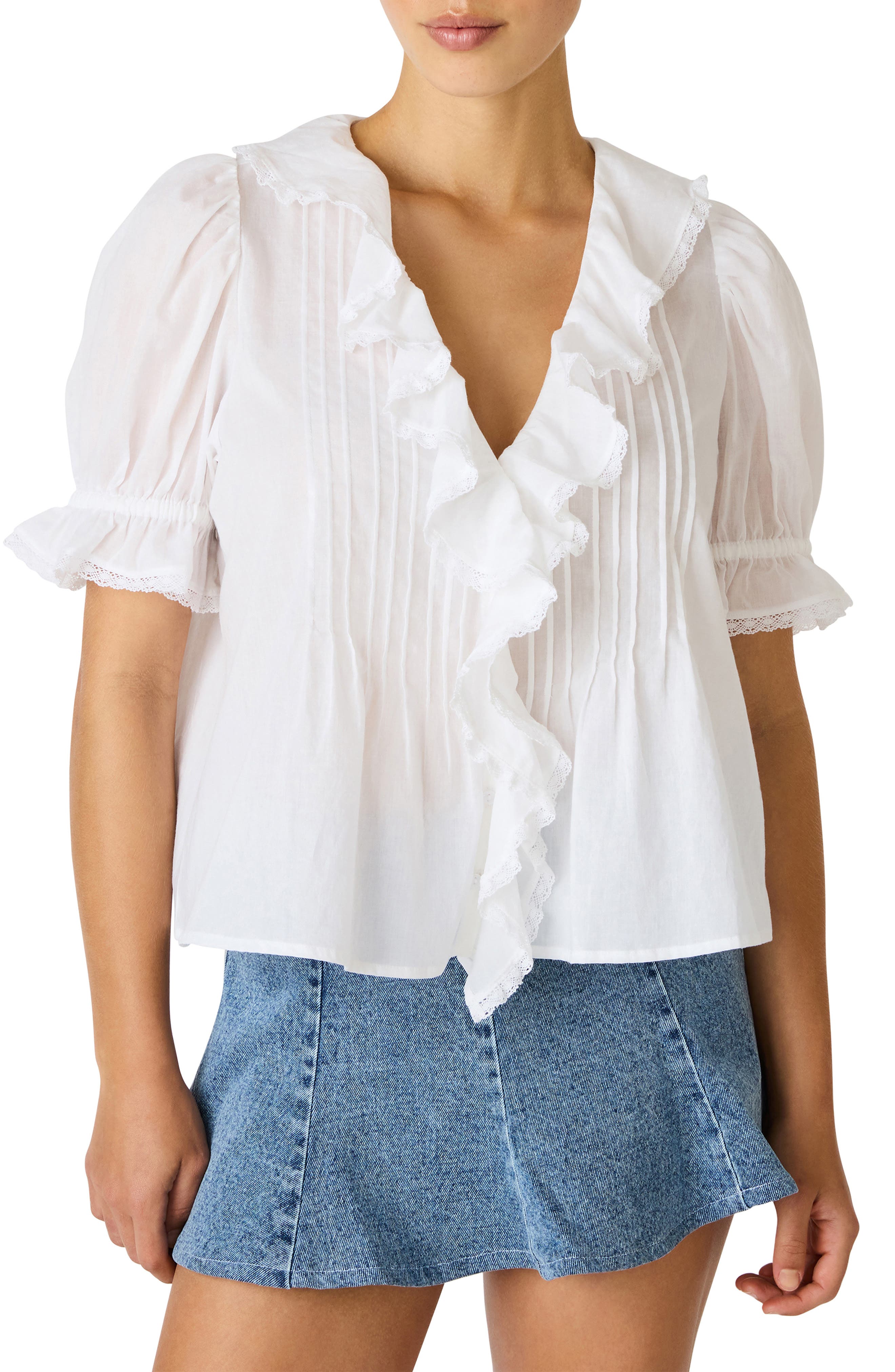 Steve Madden White V-Neck Blouse with Ruffles