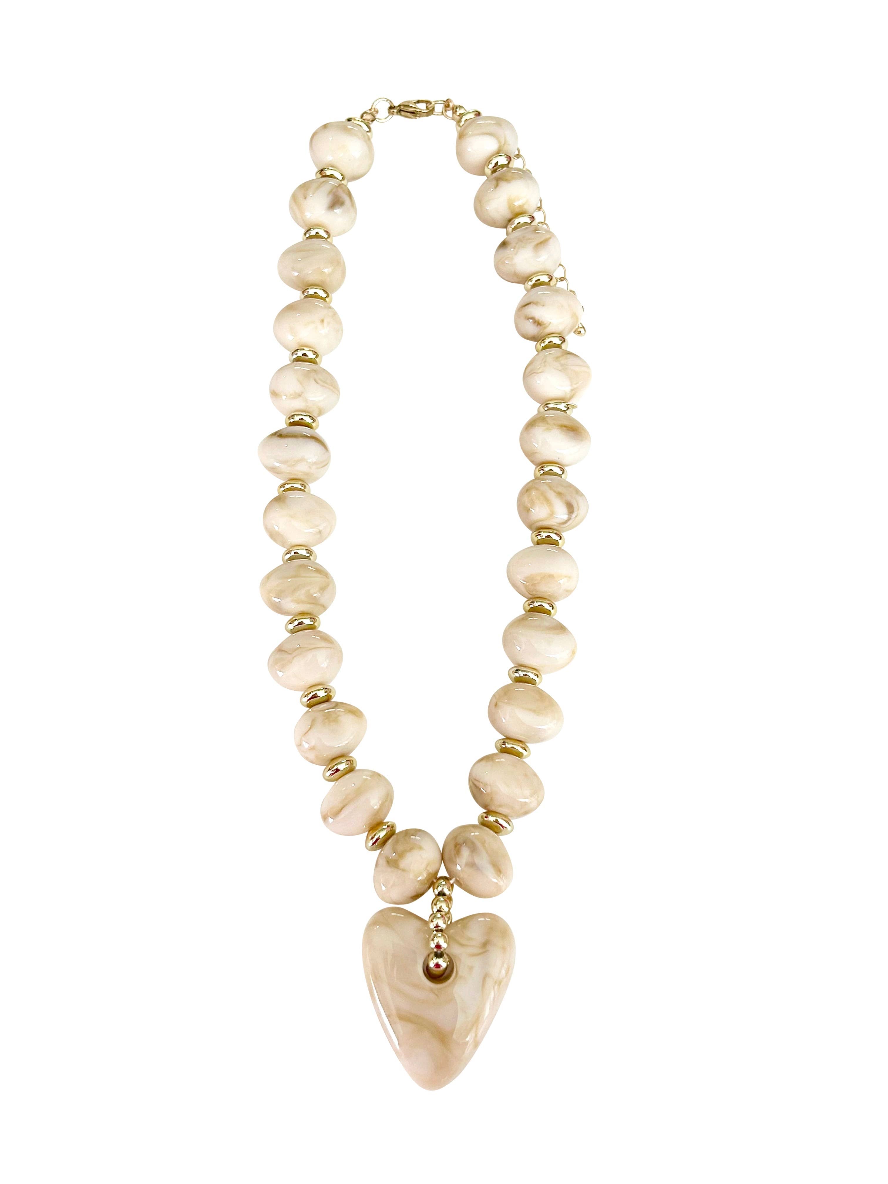Athens Cream Beaded Necklace with Heart Charm