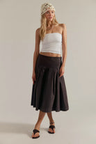 Free People Skipper Pleated Chino Mid Skirt in Double Espresso