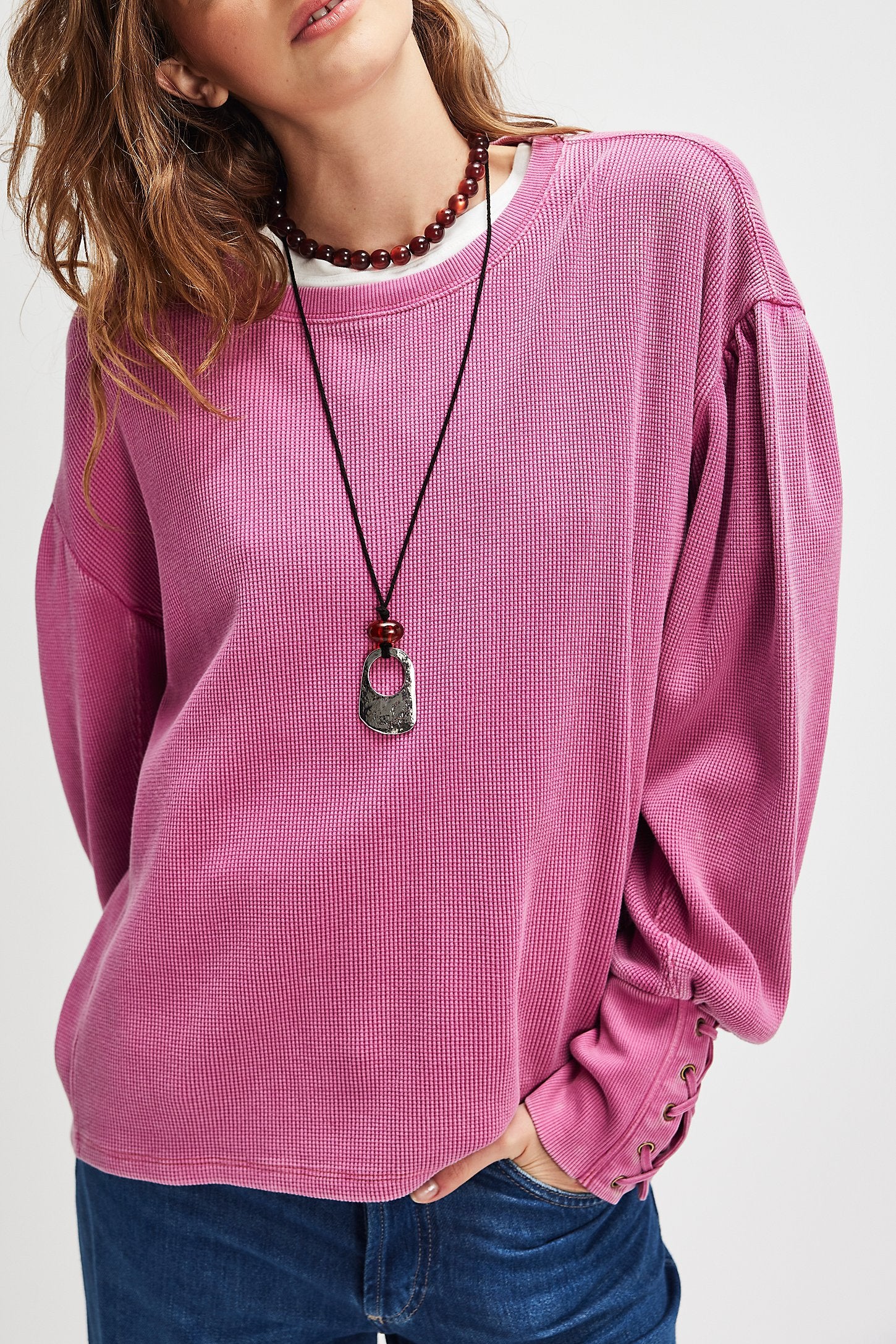 Pink Textured Long Sleeve Top with laced wrist cuffs.