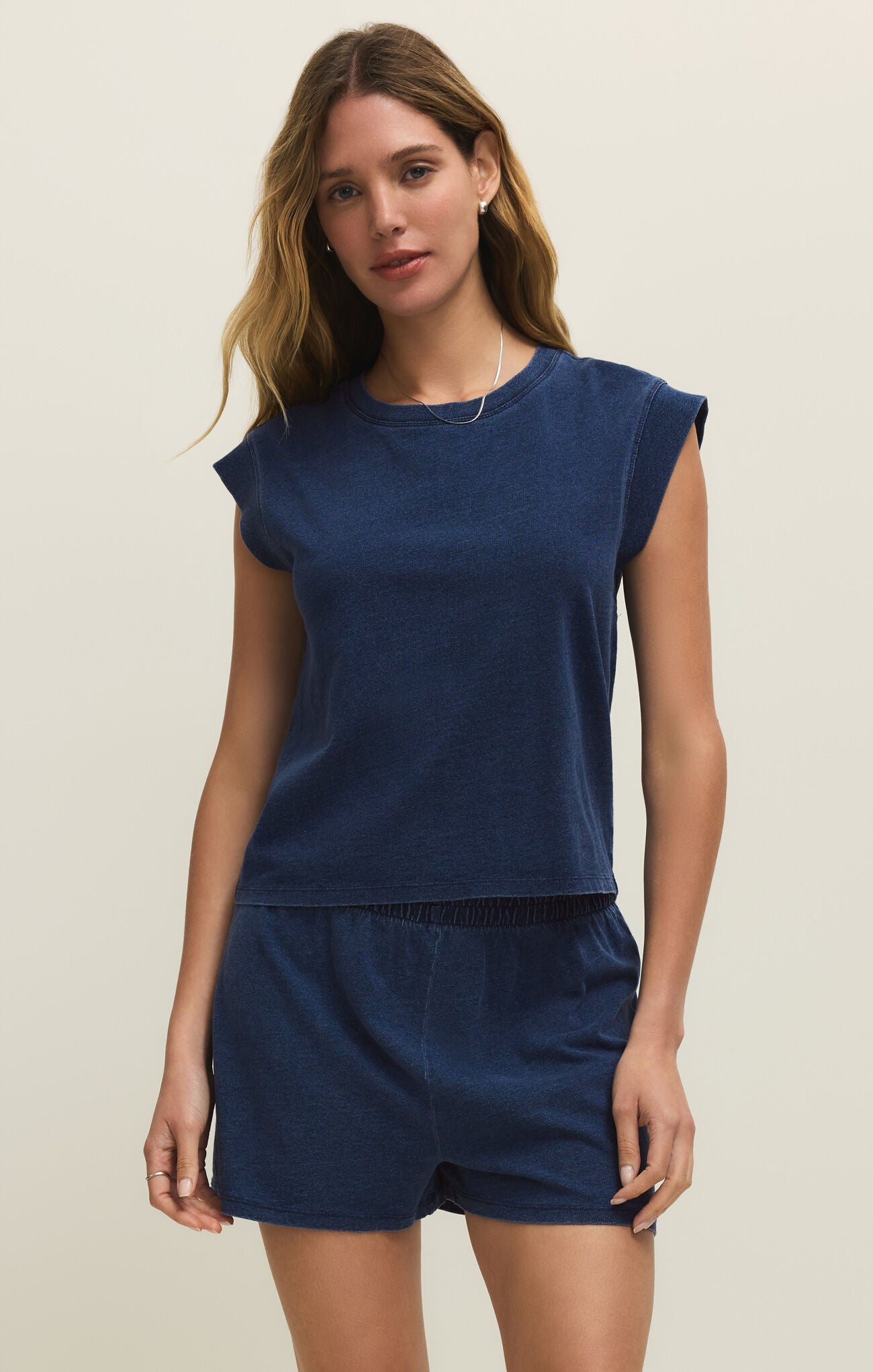 Z SUPPLY cotton jersey denim Camino cap sleeve top in indigo