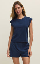 Z SUPPLY cotton jersey denim Camino cap sleeve top in indigo