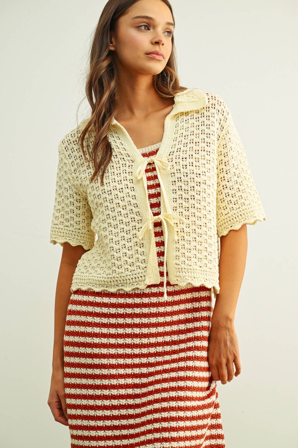 Miou Muse Short Sleeve Crochet Cardigan with Tie Front in Beige
